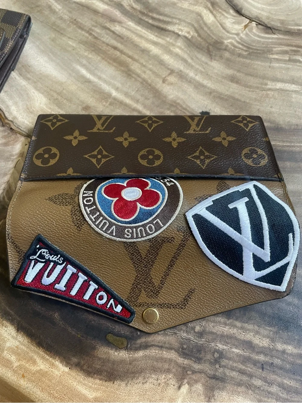 Louis Vuitton reverse monogram Sarah wallet custom patch repair